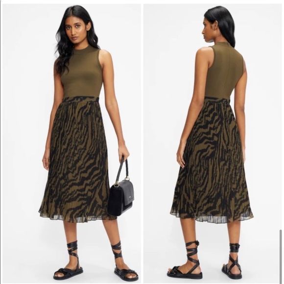 NEW Ted Baker Justnee Olive Green Zebra Print Pleated Midi Dress Size XL - Picture 2 of 11